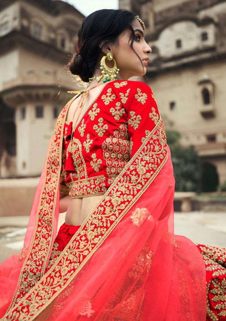 Red Embroidered Poly Blend Lehenga Set