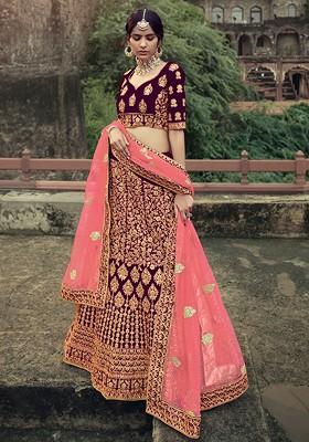 Maroon Embroidered Poly Blend Lehenga Set