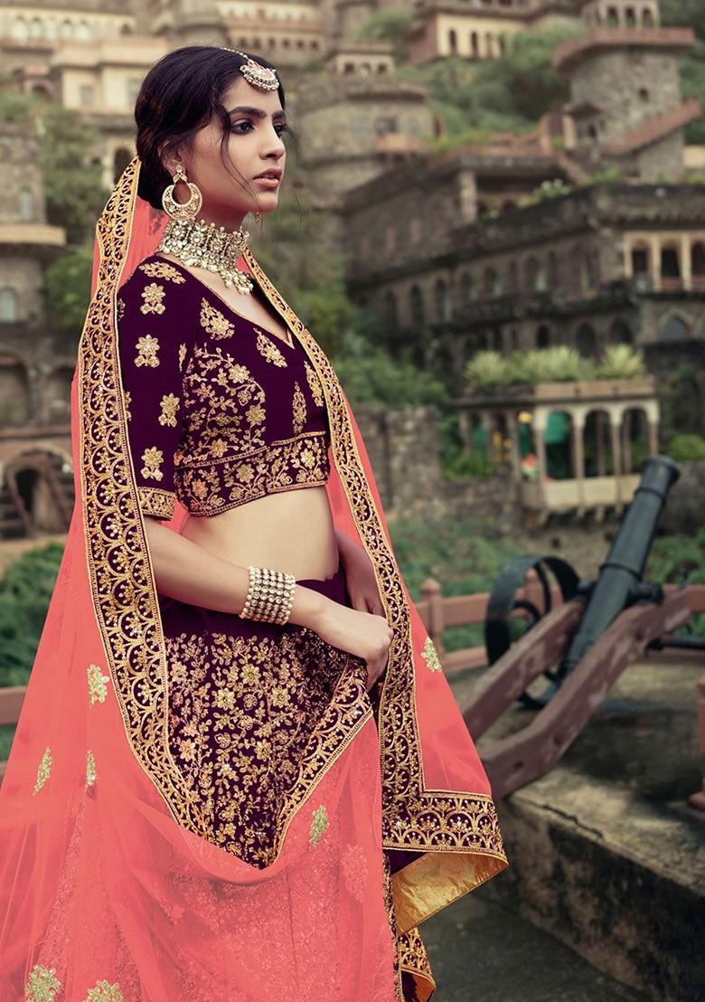 Maroon Embroidered Poly Blend Lehenga Set