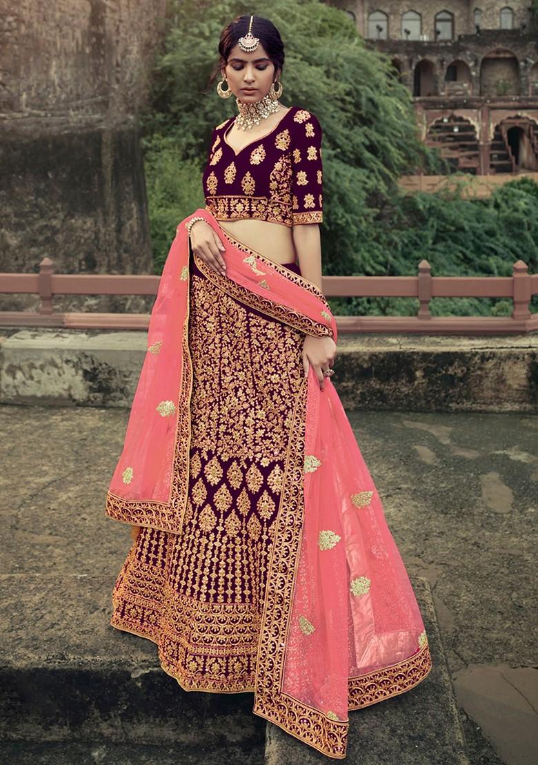 Maroon Embroidered Poly Blend Lehenga Set