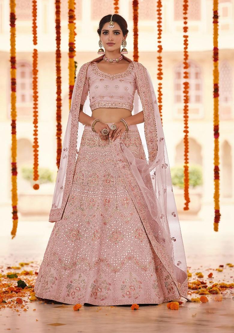 Peach Embroidered Poly Blend Lehenga Set