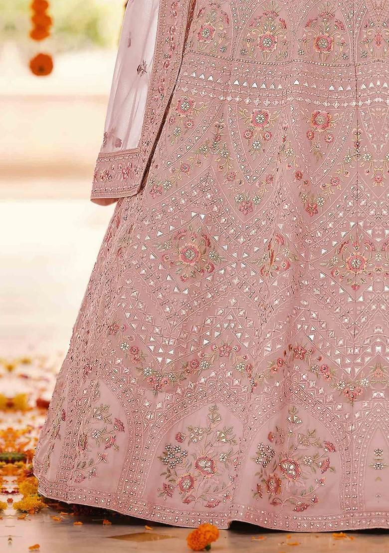 Peach Embroidered Poly Blend Lehenga Set