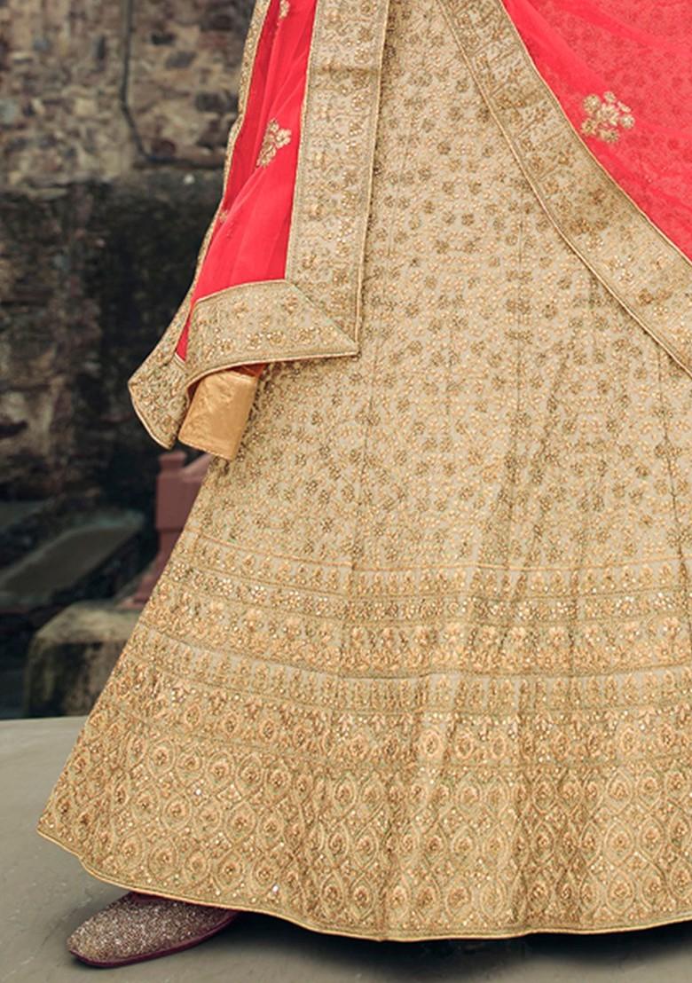 Beige Embroidered Poly Blend Lehenga Set