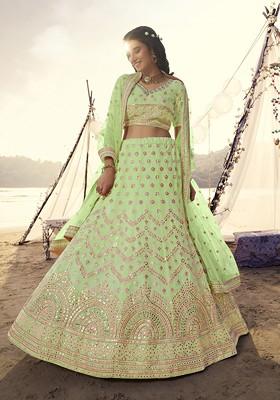 Green Mirror Work Poly Blend Lehenga Set