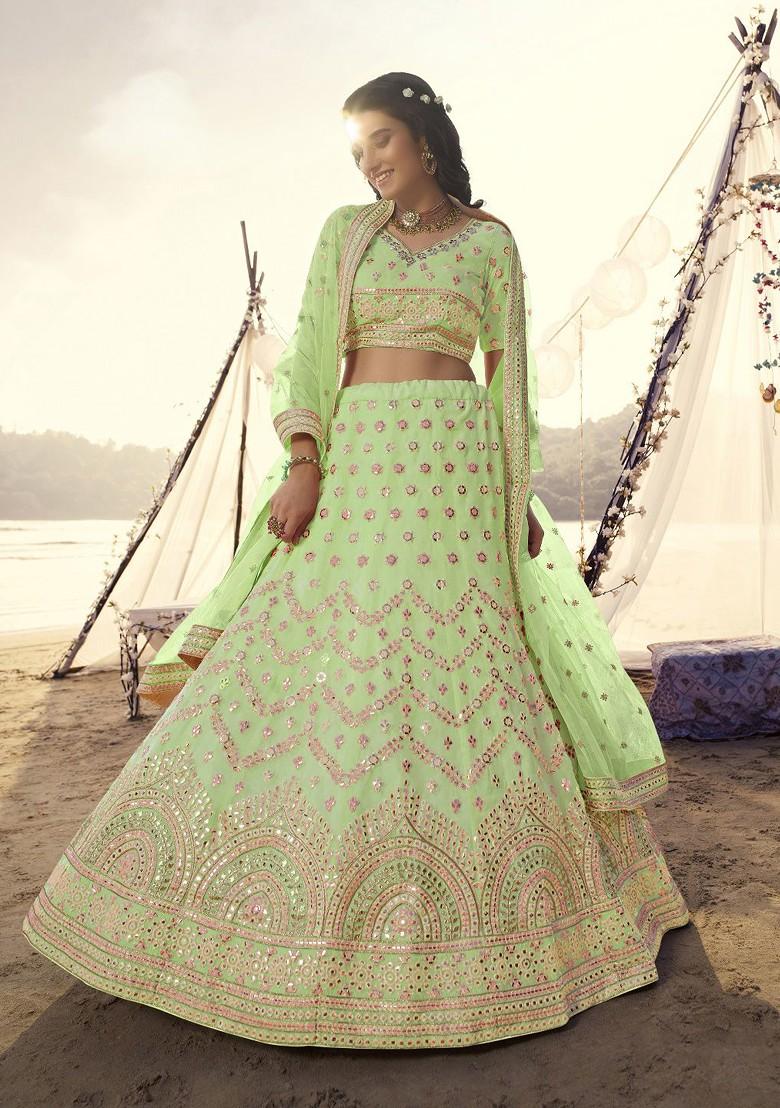 Green Mirror Work Poly Blend Lehenga Set