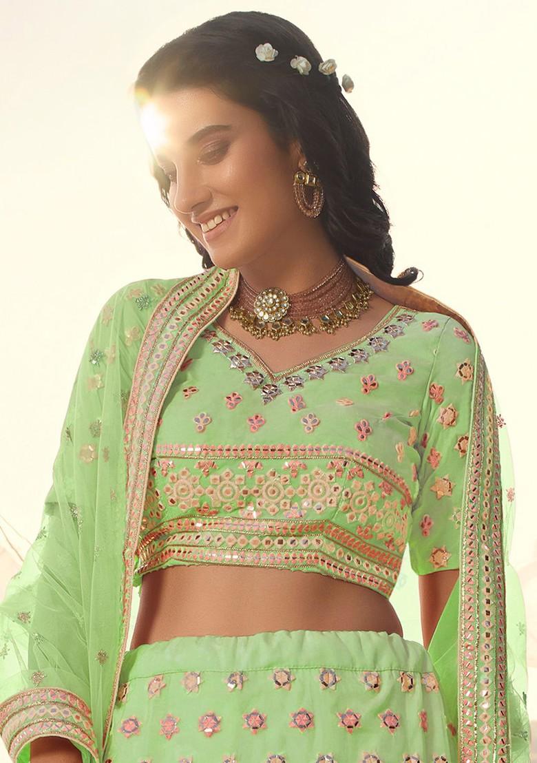 Green Mirror Work Poly Blend Lehenga Set