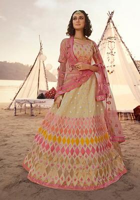 Beige Mirror Work Poly Blend Lehenga Set