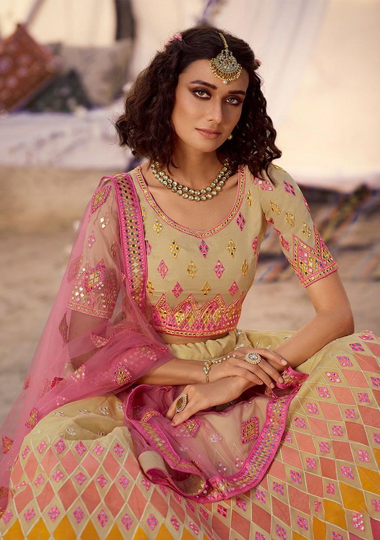 Beige Mirror Work Poly Blend Lehenga Set