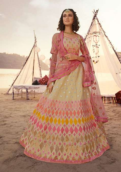 Beige Mirror Work Poly Blend Lehenga Set