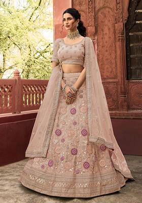 Beige Embroidered Poly Blend Lehenga Set