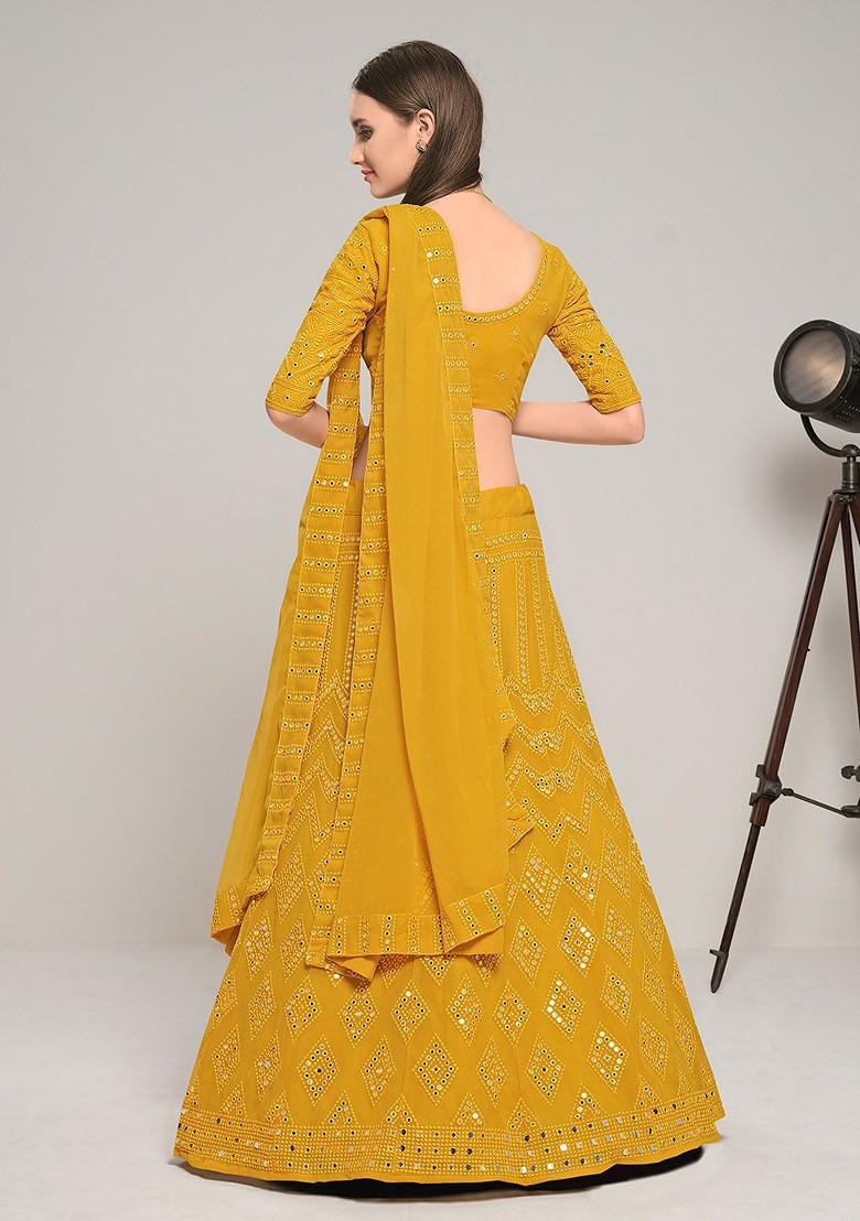 Yellow Mirror Work Poly Blend Lehenga Set