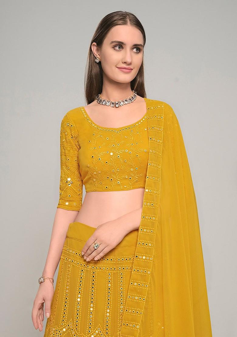 Yellow Mirror Work Poly Blend Lehenga Set