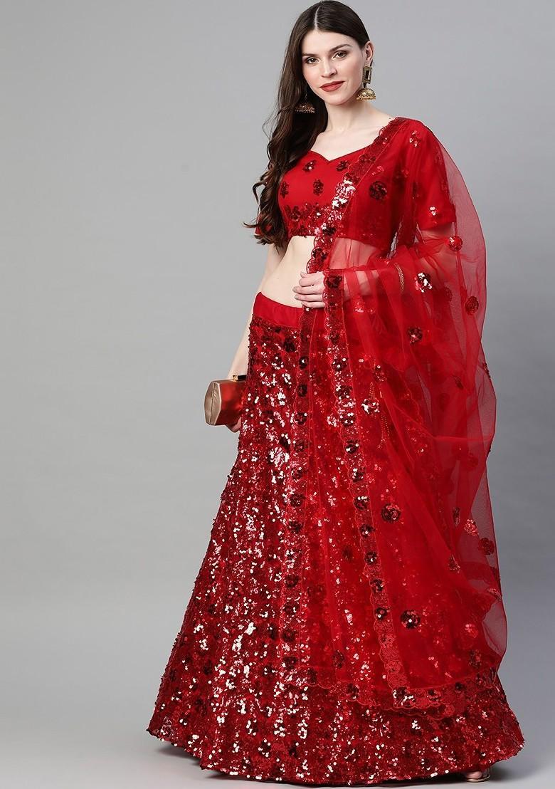 Red Embroidered Poly Blend Lehenga Set
