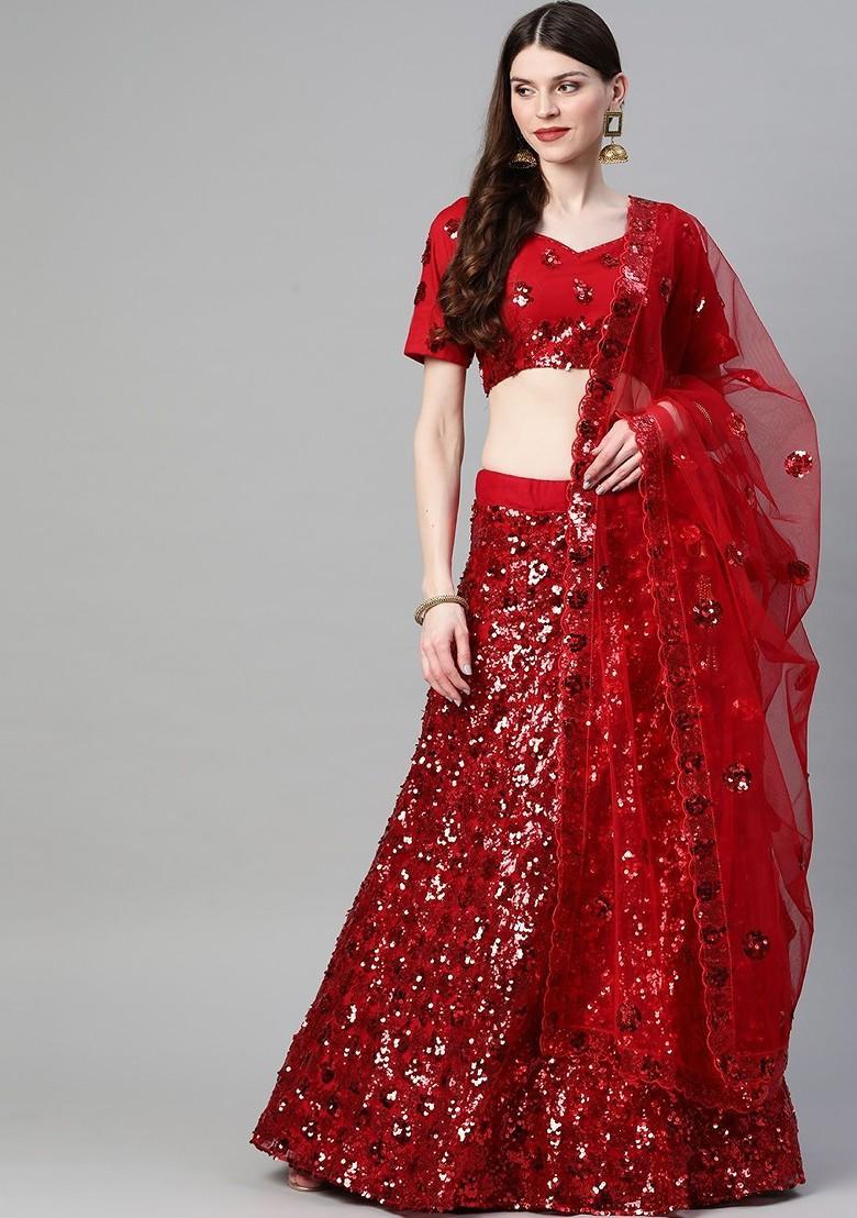 Red Embroidered Poly Blend Lehenga Set