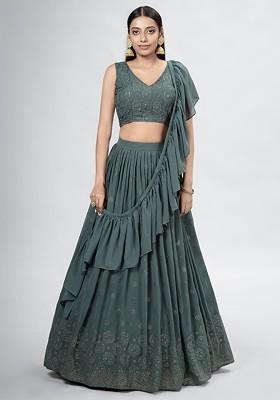 Green Embellished Poly Blend Lehenga Set