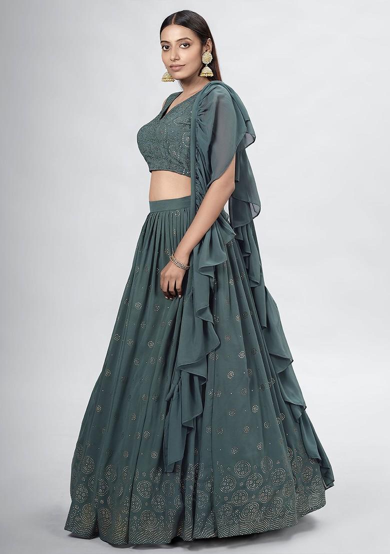 Green Embellished Poly Blend Lehenga Set