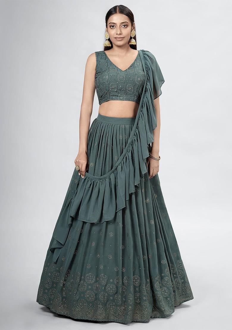 Green Embellished Poly Blend Lehenga Set