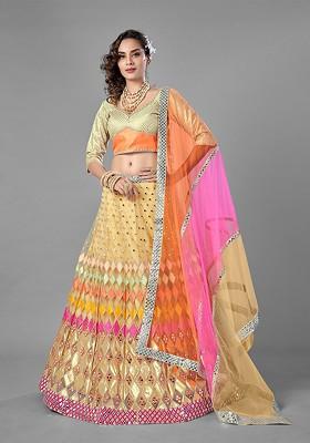 Beige Embroidered Poly Blend Lehenga Set