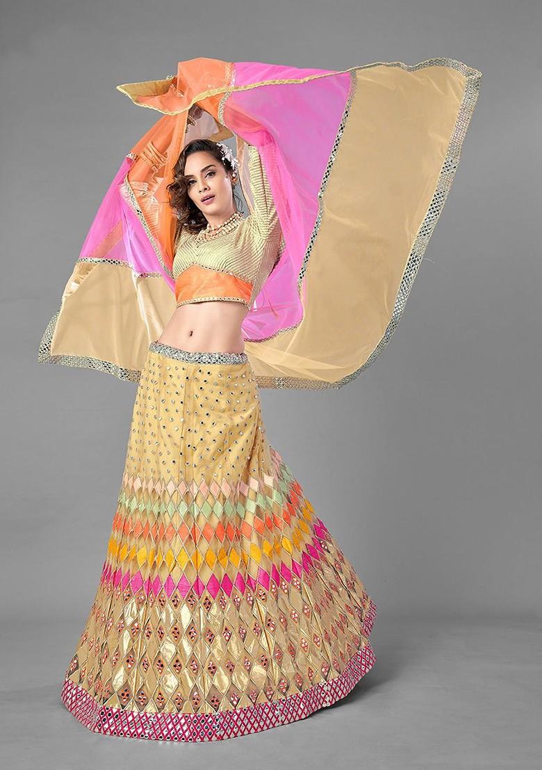 Beige Embroidered Poly Blend Lehenga Set