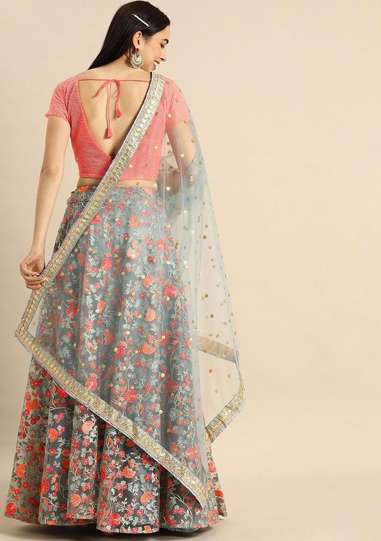 Grey Embroidered Poly Blend Lehenga Set