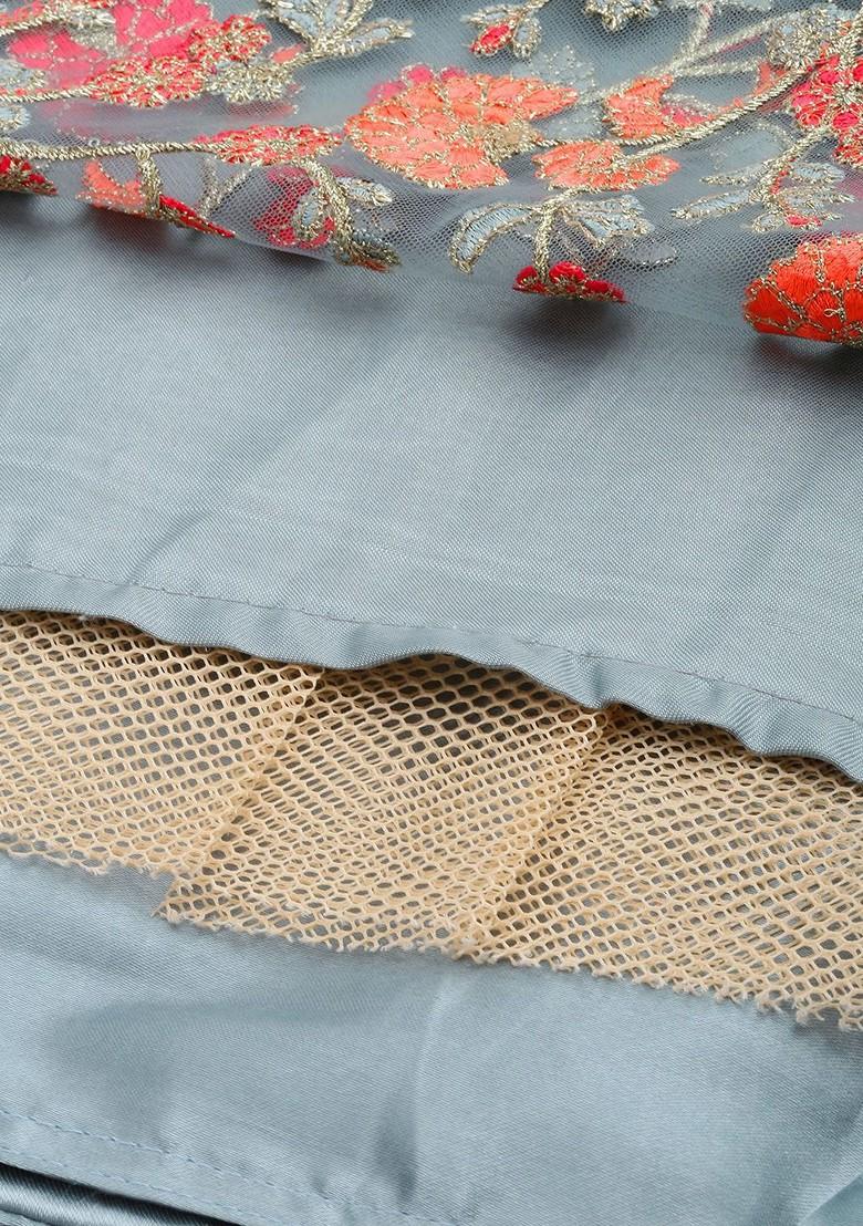 Grey Embroidered Poly Blend Lehenga Set