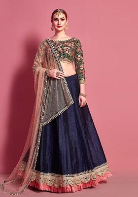 Blue Embroidered Poly Blend Lehenga Set