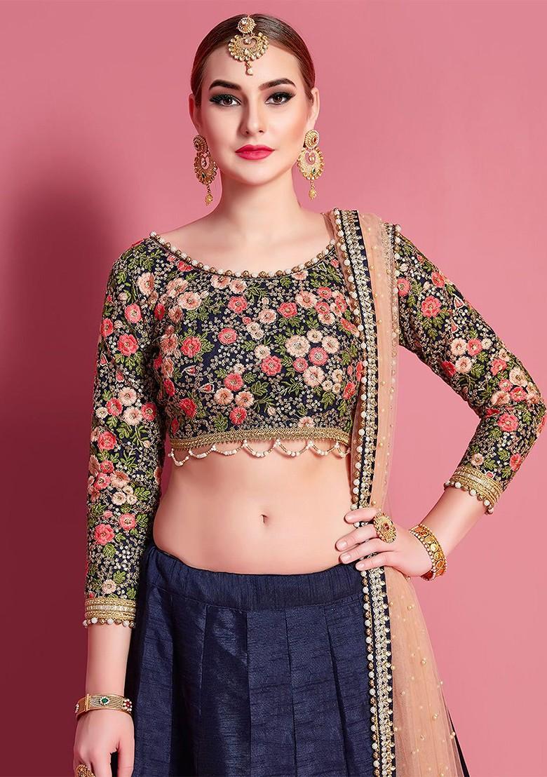 Blue Embroidered Poly Blend Lehenga Set