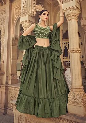 Green Mirror Work Poly Blend Lehenga Set