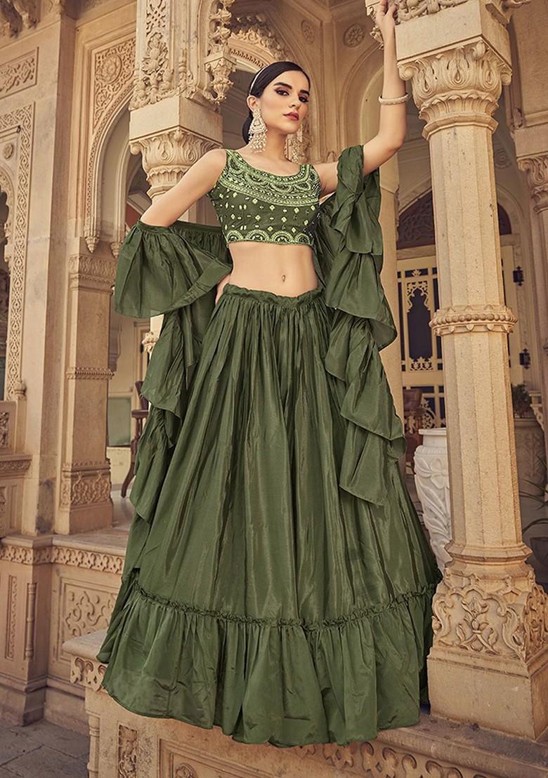 Green Mirror Work Poly Blend Lehenga Set