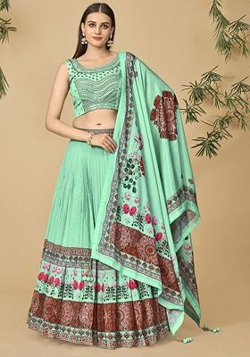 Green Mirror Work Poly Blend Lehenga Set