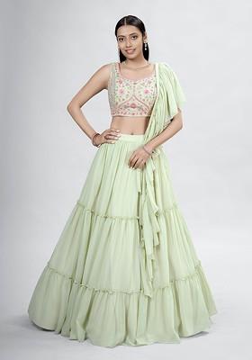 Green Embellished Poly Blend Lehenga Set