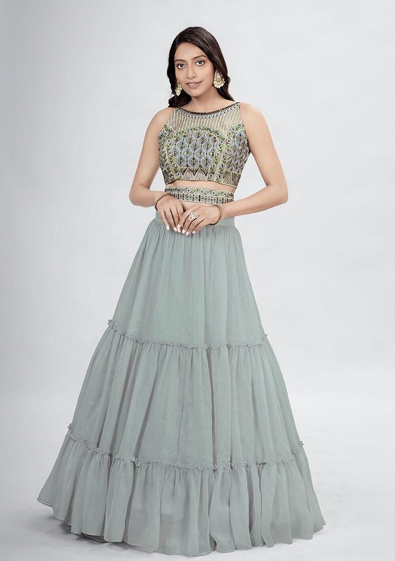 Grey Embroidered Poly Blend Lehenga Set