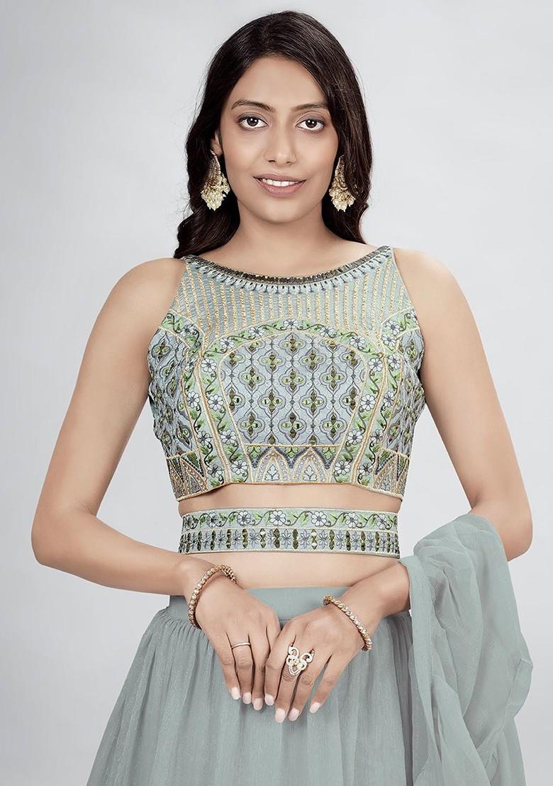 Grey Embroidered Poly Blend Lehenga Set