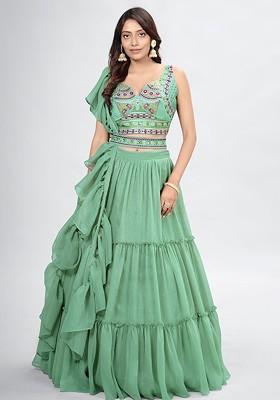 Green Mirror Work Poly Blend Lehenga Set
