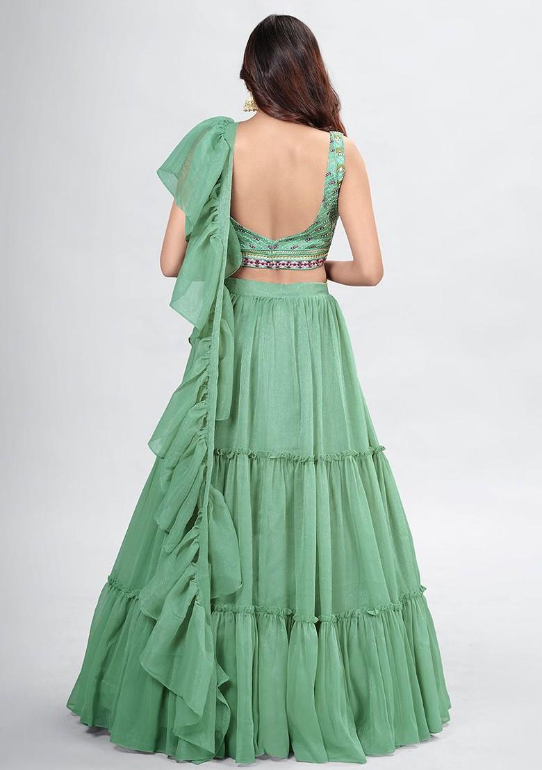 Green Mirror Work Poly Blend Lehenga Set