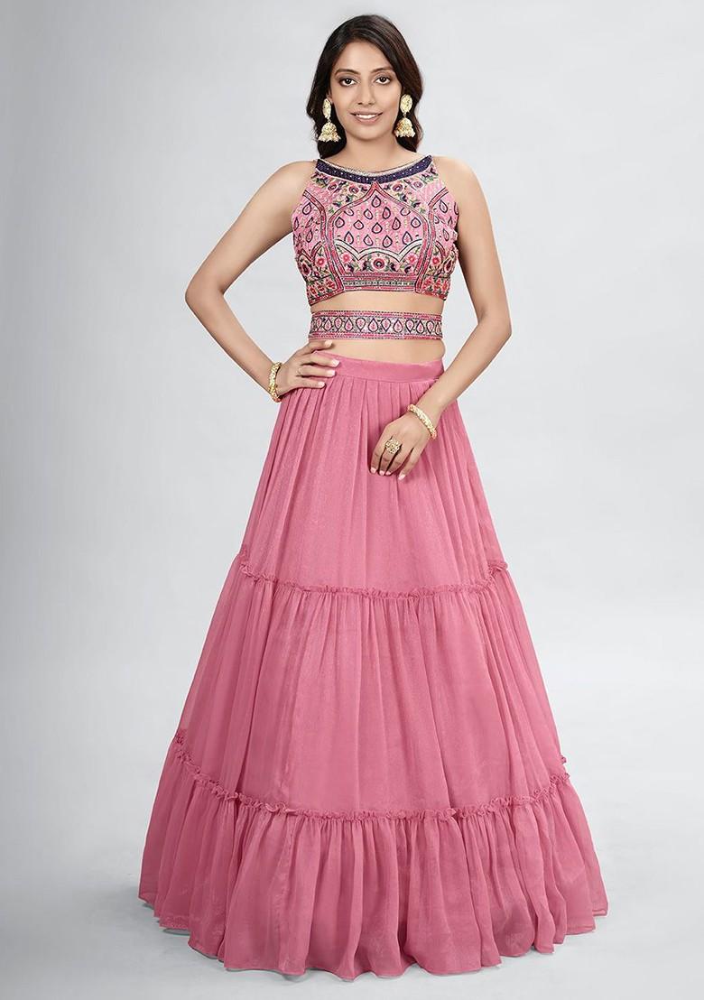 Pink Mirror Work Poly Blend Lehenga Set