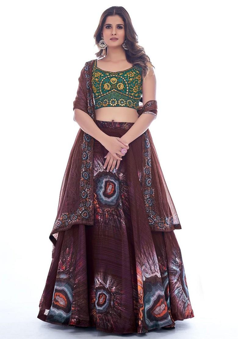 Maroon Mirror Work Poly Blend Lehenga Set