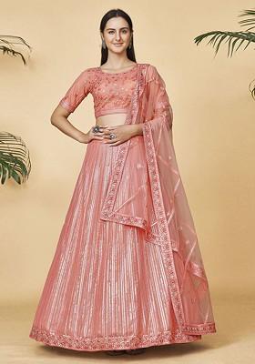 Peach Embroidered Poly Blend Lehenga Set