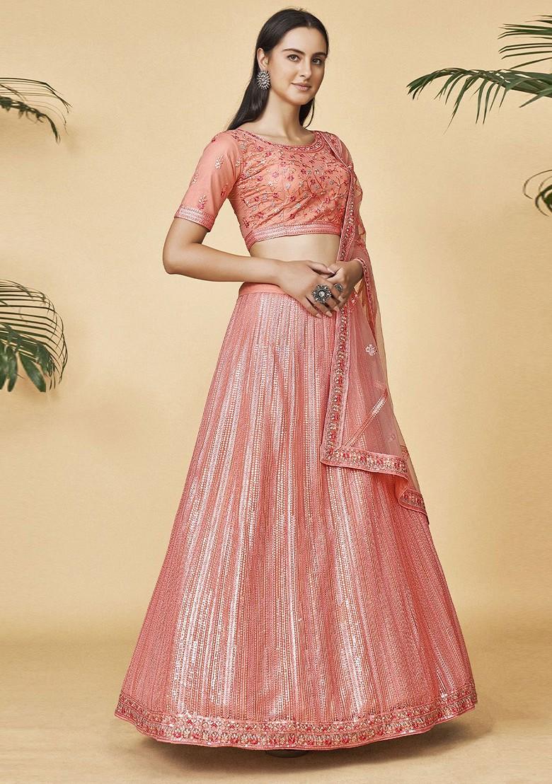 Peach Embroidered Poly Blend Lehenga Set