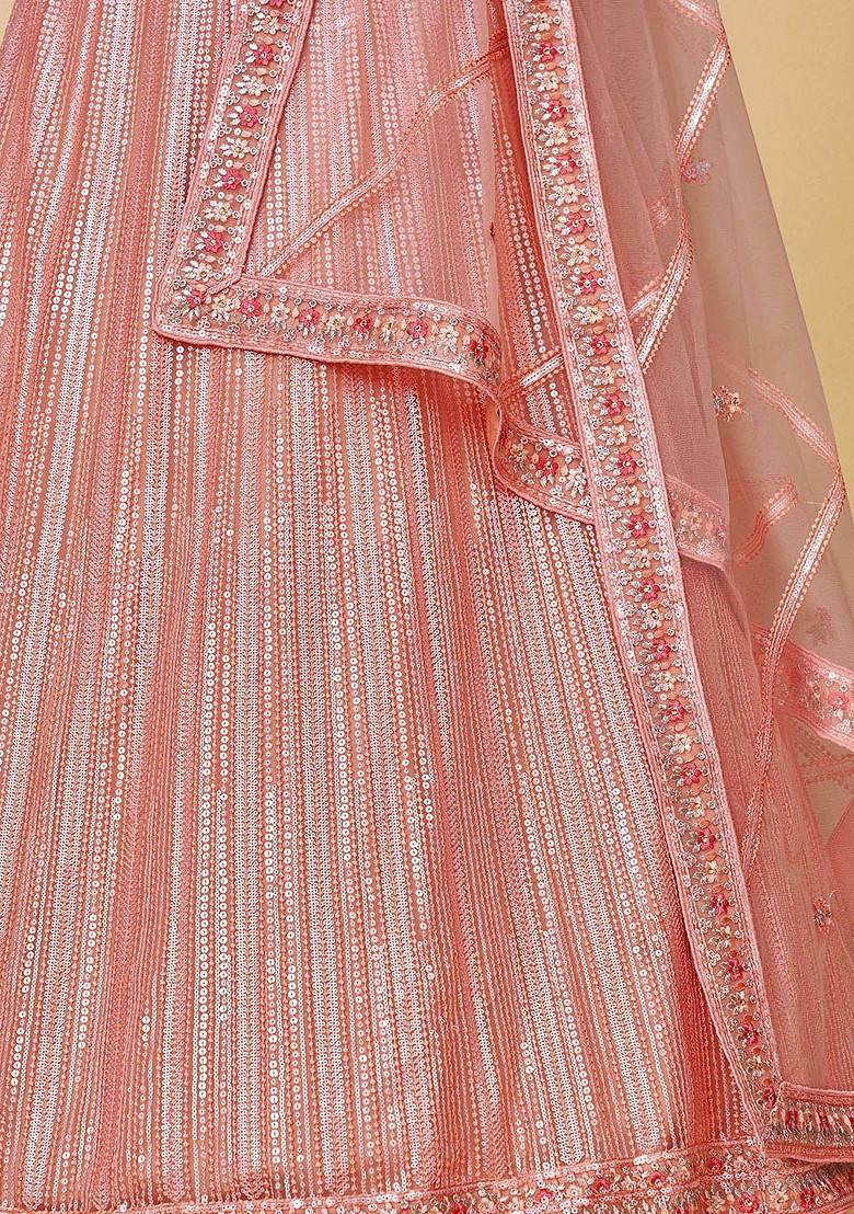 Peach Embroidered Poly Blend Lehenga Set