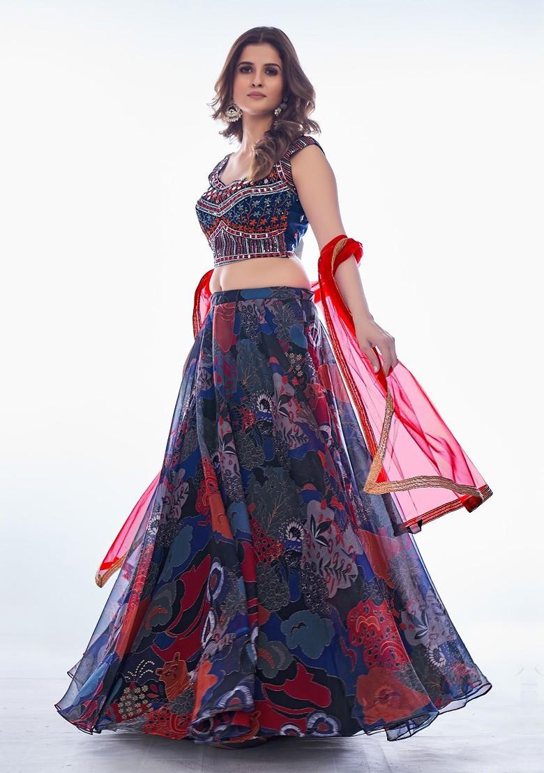 Blue Mirror Work Poly Blend Lehenga Set