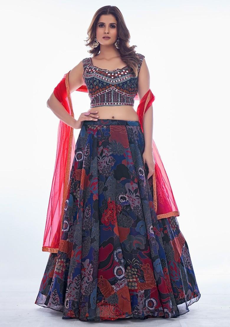 Blue Mirror Work Poly Blend Lehenga Set