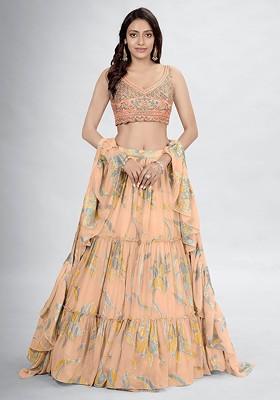 Beige Embroidered Poly Blend Lehenga Set