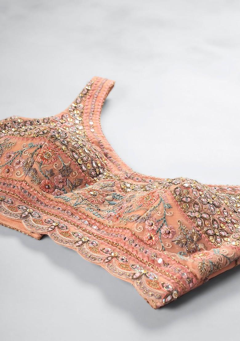 Beige Embroidered Poly Blend Lehenga Set