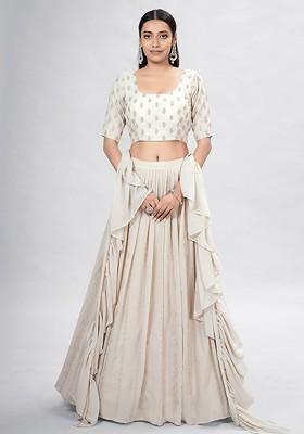 Beige Embroidered Poly Blend Lehenga Set