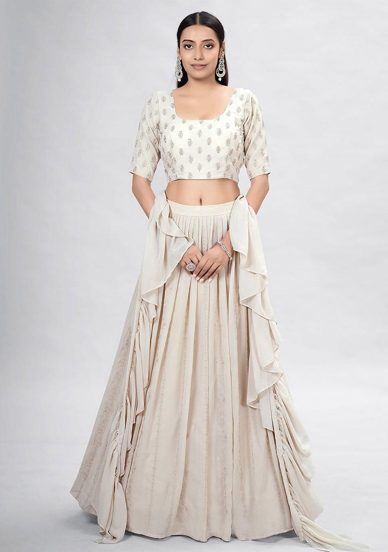 Beige Embroidered Poly Blend Lehenga Set