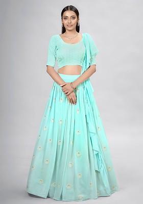 Blue Embroidered Poly Blend Lehenga Set