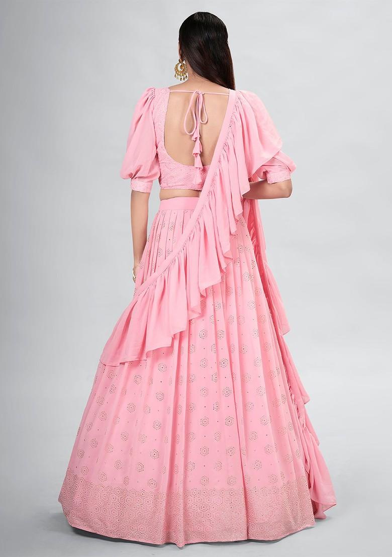 Pink Embroidered Poly Blend Lehenga Set