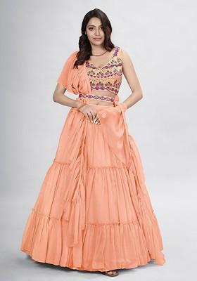 Peach Mirror Work Poly Blend Lehenga Set