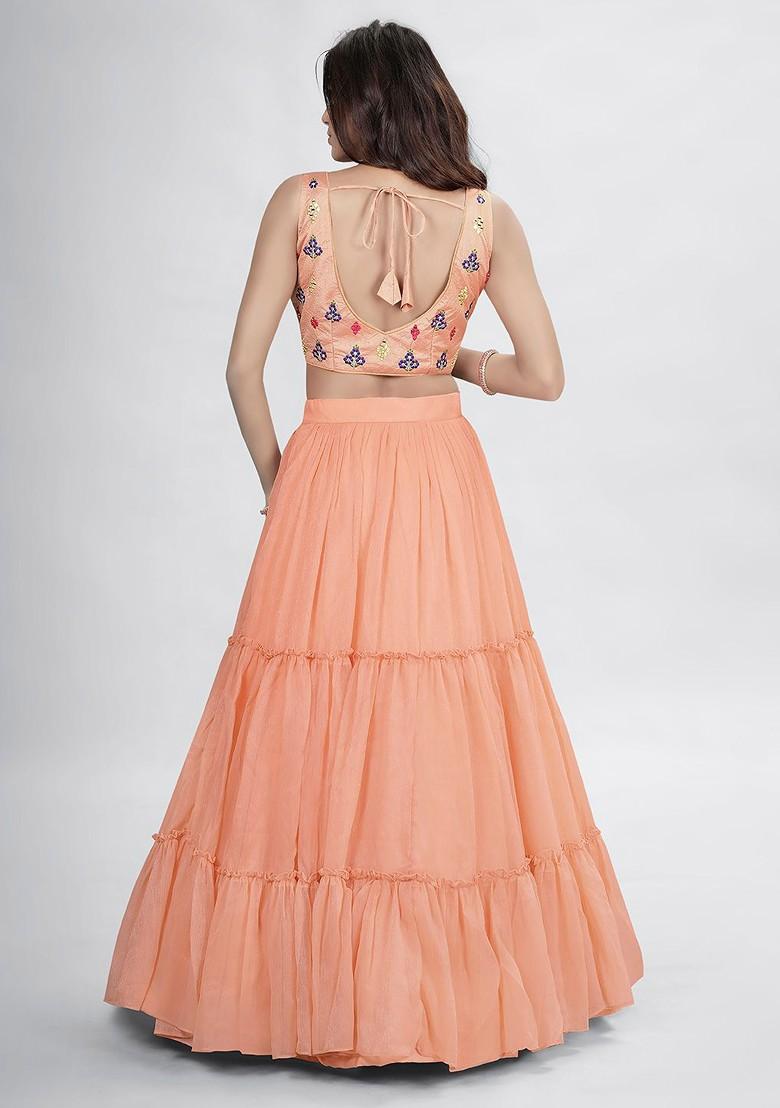 Peach Mirror Work Poly Blend Lehenga Set